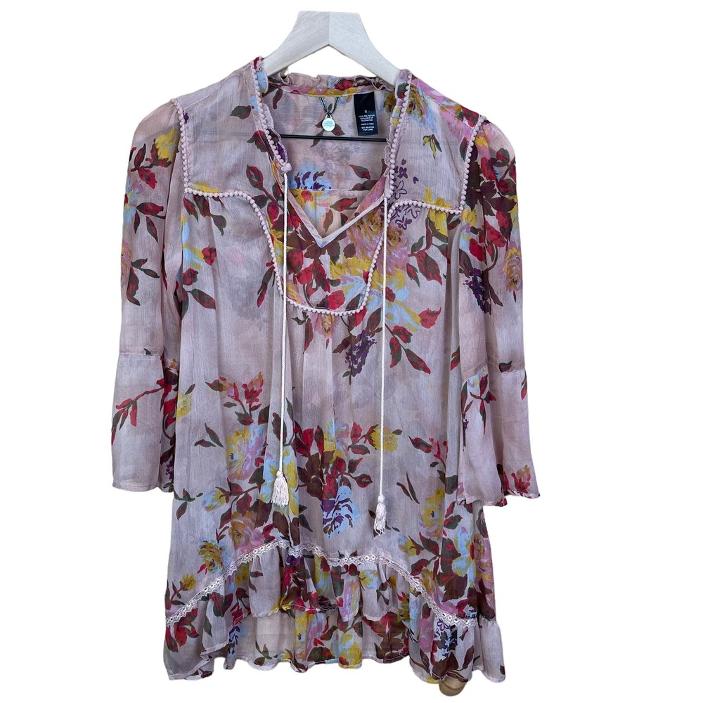 BKE Boutique Blouse Small Fairy Core Cottagecore Sheer Ruffle Floral‎ Tunic Top